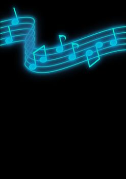 Glowing blue music notes on a black background.