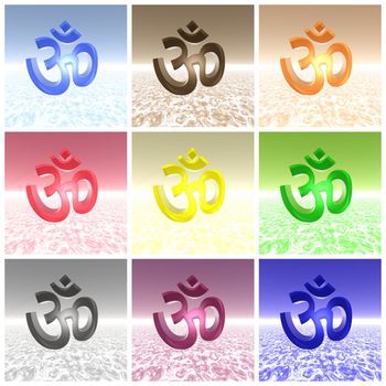 Nine aum / om of different colors put together for a collage