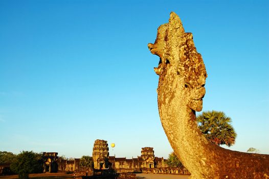 The image of naga head at Angkor Wat taken at the early morning