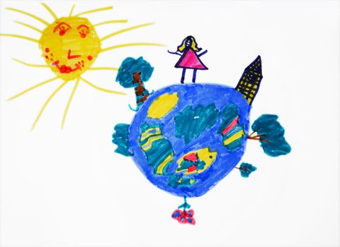 child`s picture. Round earth with girl, tree, house and flower. White background