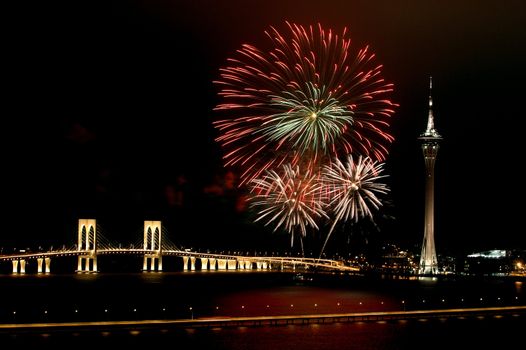 Celebration of New Year in Macau with fireworks beside the Tower Convention and Sai Van bridge