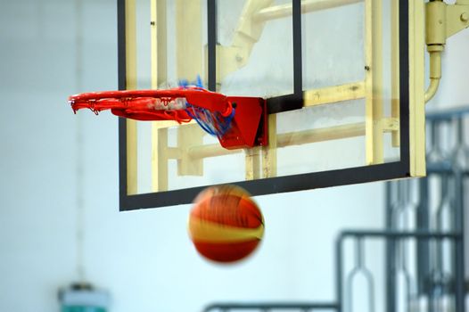 A motion of basketball swishing through the hoop
