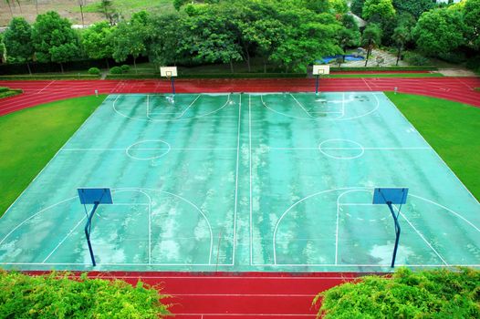 The aerial  view of outdoor basketball stadium