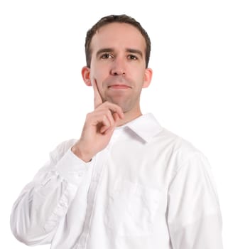 Closeup view of a man wearing a white shirt is thinking, isolated against a white background