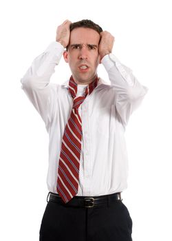 A young business employee is getting a headache from all the stress, isolated against a white background