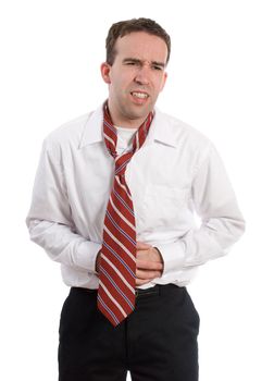 A young business employee holding his stomach in pain, isolated against a white background