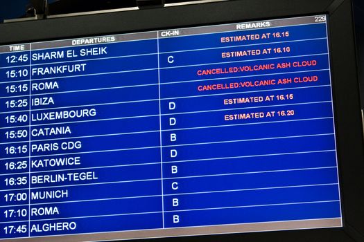 Detail of airport monitor, with cancelled flight for volcanic ash, useful for concept linked to unexpected event