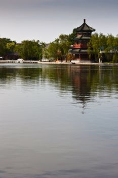 View of lake and ancient tower in Beijing, close to Forbidden City