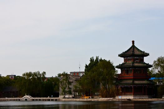 View of lake and ancient tower in Beijing, close to Forbidden City