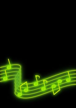 Glowing green music notes on a black background.