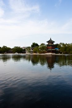 View of lake and ancient tower in Beijing, close to Forbidden City