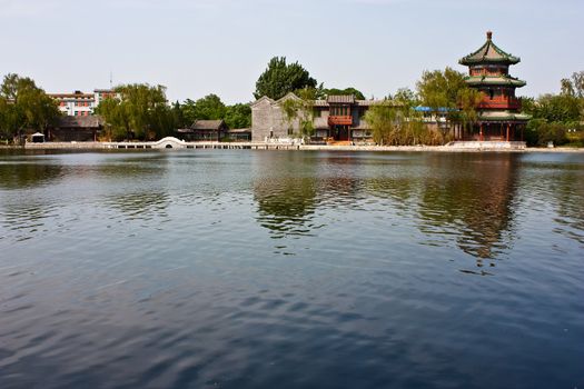 View of lake and ancient tower in Beijing, close to Forbidden City