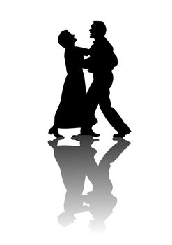 A pair of lovers silhouetted against a white background with their reflection on the floor.