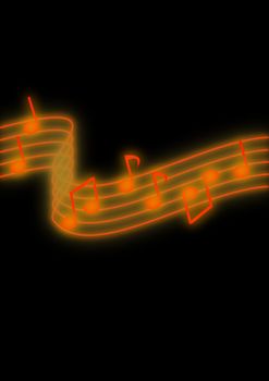 Glowing orange music notes on a black background.