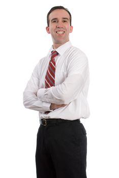 A happy employee is standing with his arms crossed, isolated against a white background