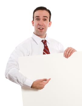 A young employee holding a white sheet of paper and pointing to your text