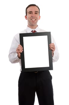 A young employee is holding up a frame with copy-space inside, isolated against a white background