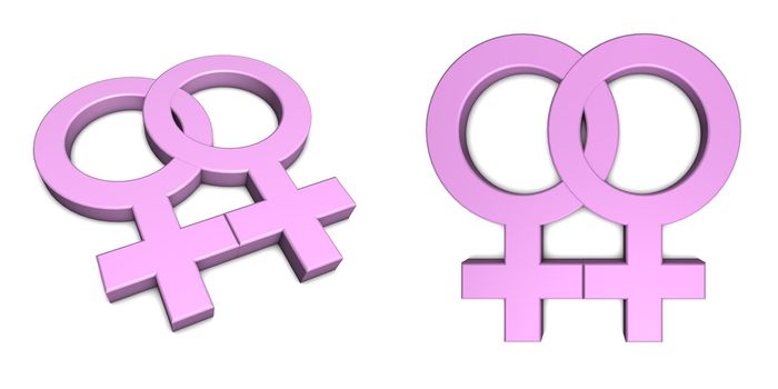pink female symbol isolated with slight shadow on white from angle and front