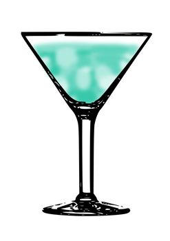 A martini glass filled with blue liquid and isolated on a white background.