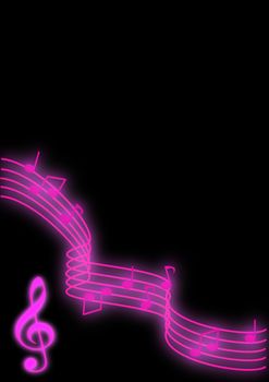 Glowing purple music notes on a black background.