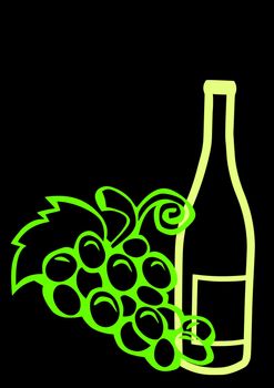 Outline of a wine bottle with grapes isolated on a black background.