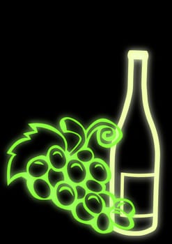 Outline of a neon wine bottle with grapes isolated on a black background.