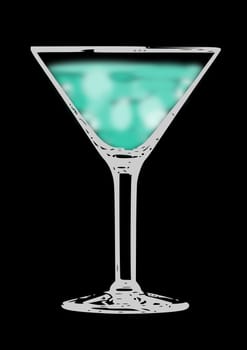 A martini glass filled with blue liquid and isolated on a black background.