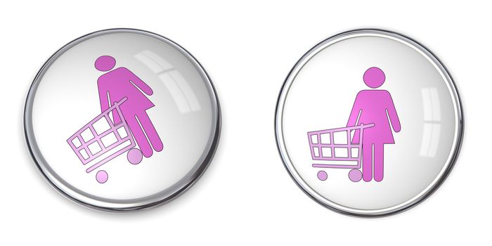 3D button woman with shopping cart/trolley - pink on white background