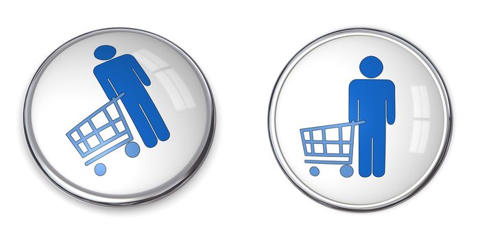 3D button man with shopping cart/trolley - blue on white background