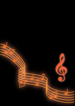 Glowing orange music notes on a black background.