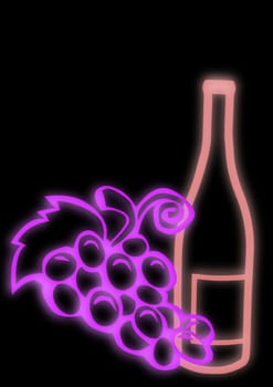 Outline of a neon wine bottle with grapes isolated on a black background.