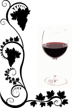 A wine glass on a white background with black flourishes