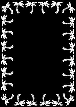 Illustration of white palm trees framing a black background.