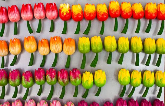 Traditional tulips made of wood in Amsterdam shop