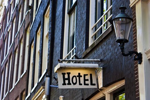 Hotel sign in Amsterdam, with copy space