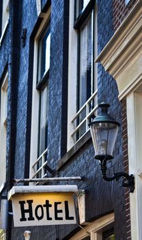 Hotel sign in Amsterdam, with copy space