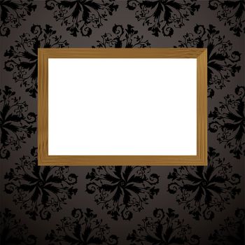 Black and gray wallpaper design with wooden picture frame and blank copyspace