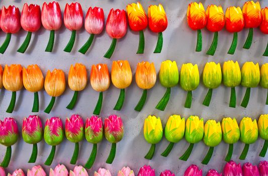Traditional tulips made of wood in Amsterdam shop