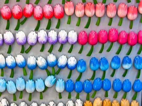 Traditional tulips made of wood in Amsterdam shop