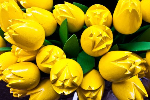 Traditional tulips made of wood in Amsterdam shop
