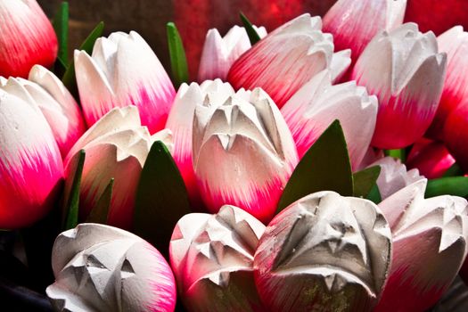 Traditional tulips made of wood in Amsterdam shop