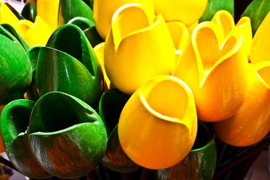 Traditional tulips made of wood in Amsterdam shop