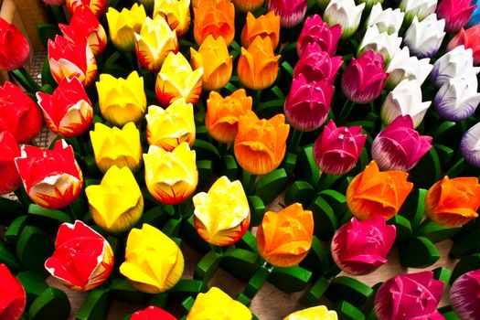 Traditional tulips made of wood in Amsterdam shop