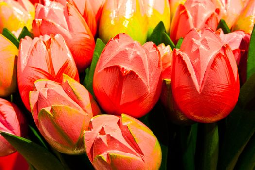 Traditional tulips made of wood in Amsterdam shop