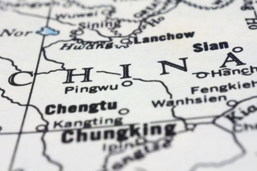 china close up on map, asia country.