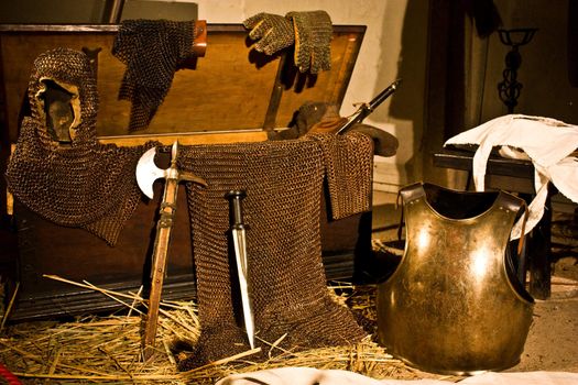 Medieval weapons in Italian castle, close to Turin, north Italy