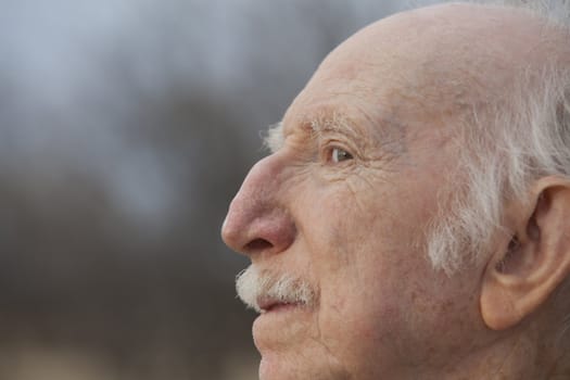 Extreme closeup of a senior man with a unique nose in profile