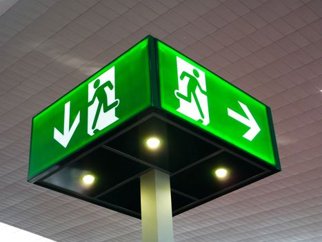 Emergency exit sign, cube light on ceiling, concept