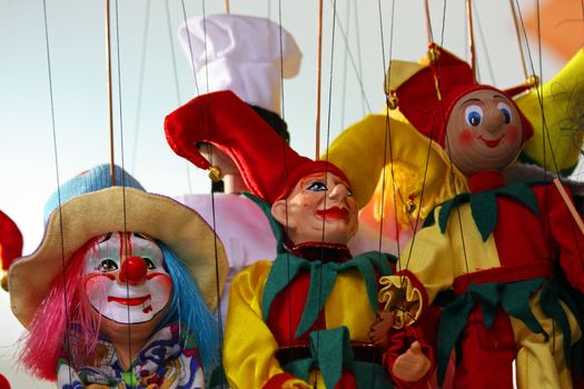 Traditional puppets made of wood. Shop in Prague - Czech Republic