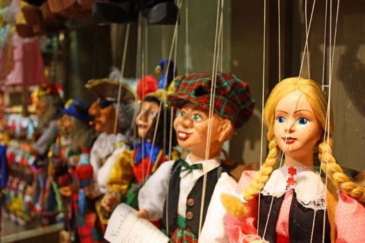 Traditional puppets made of wood. Shop in Prague - Czech Republic
